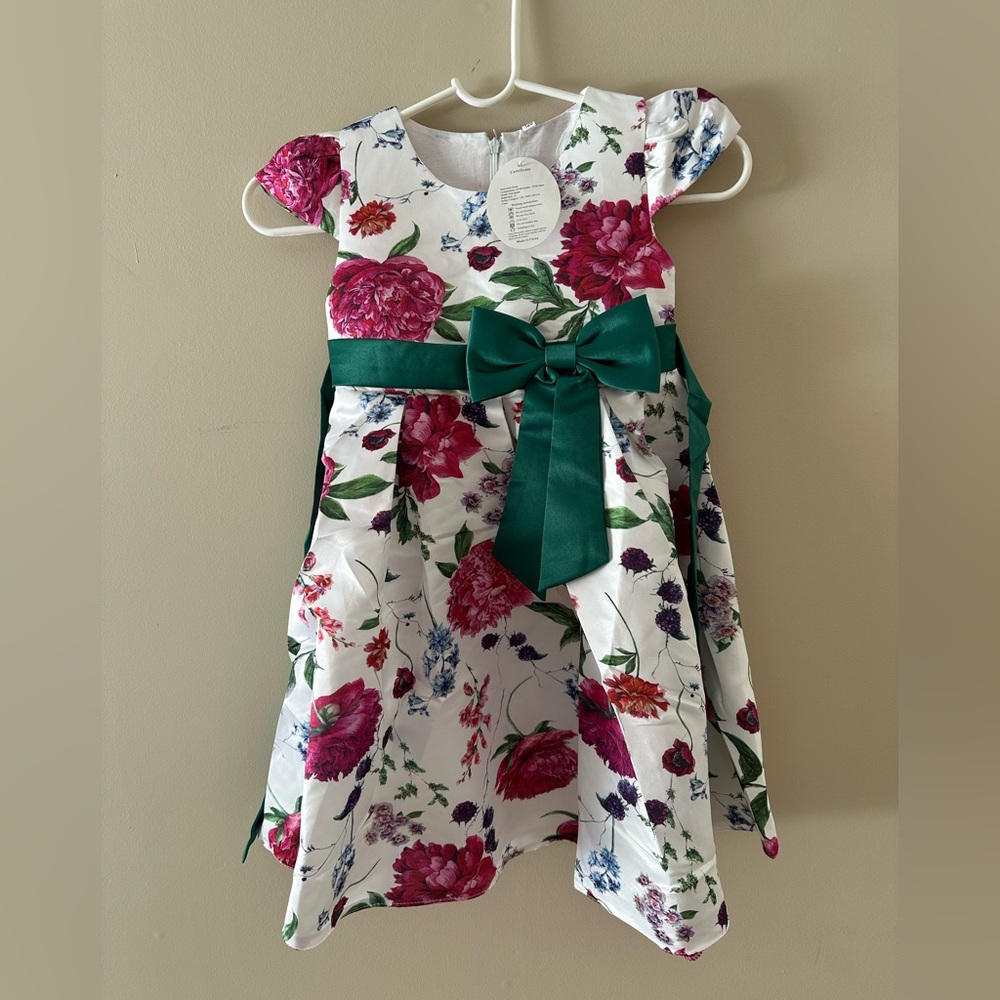 Floral Kids Dress with Green Bow size 4T-5T